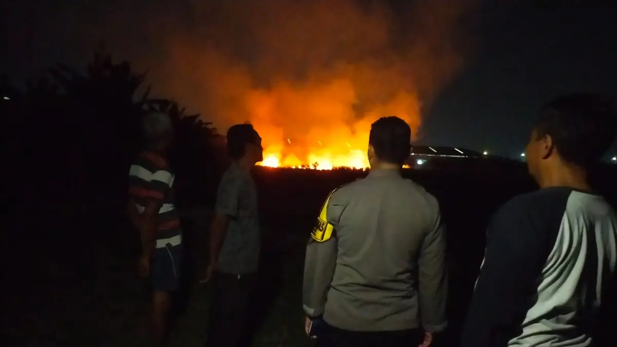 BERKOBAR: Kobaran api melalap lahan alang-alang kering di Dusun Wonoayu, Desa/Kecamatan Gempol, Rabu (5/8) sore. Angin kencang dan kondisi vegetasi yang gersang akibat musim kemarau, membuat si jago merah mengamuk dengan cepat dan sempat mengancam area di sekitarnya. (Polsek Gempol for Jawa Pos Radar Bromo)