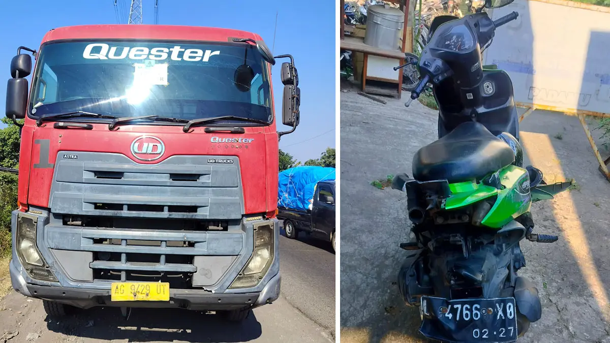 DIAMANKAN: Truk dan motor Honda Spacy yang terlibat tabrakan di tikungan Kejapanan, Gempol. 