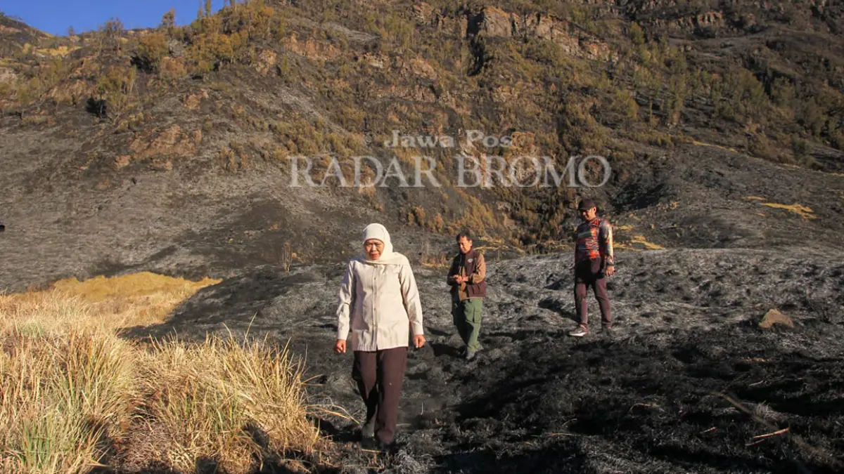 JADI ATENSI: Gubernur Jatim Khofifah Indar Parawansa saat meninjau area sabana Bromo yang terbakar kemarin petang (7/8). (Mokhamad Zubaidillah/ Radar Bromo)