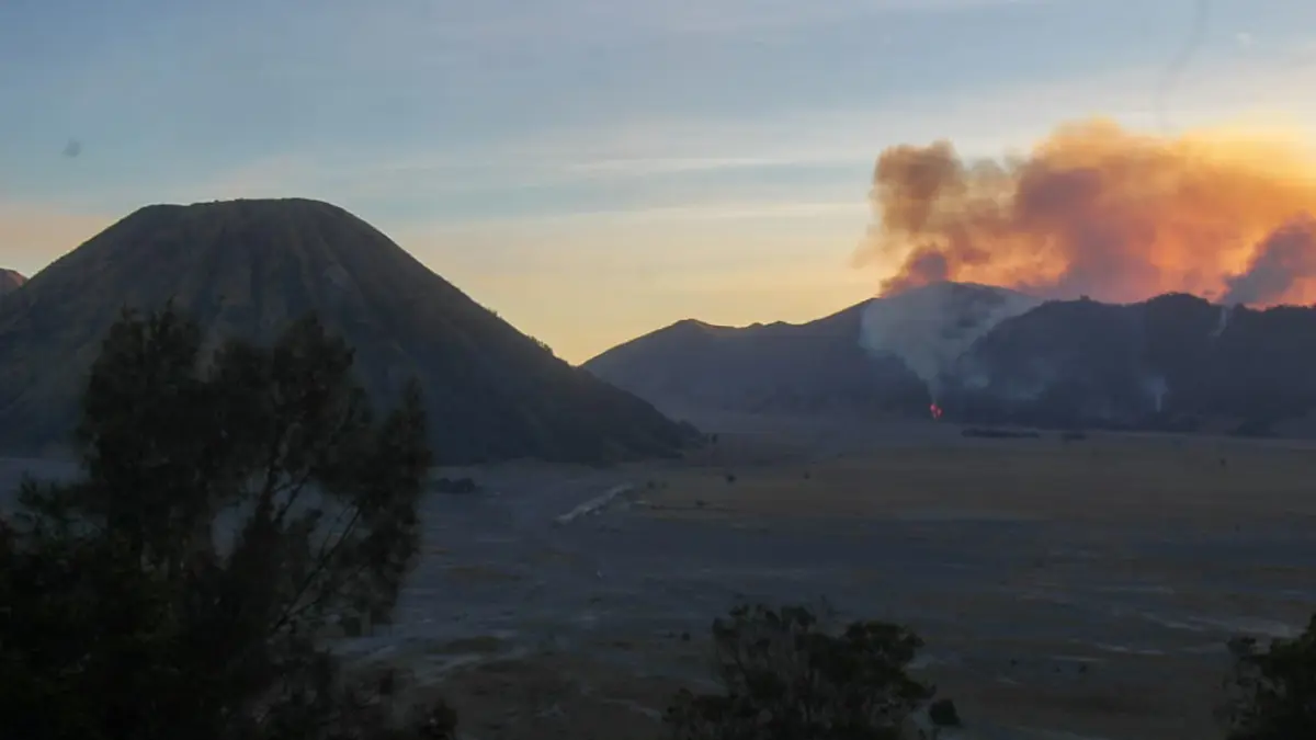 MASIH BERKOBAR: Kawasan Bukit Dingklik dan Penanjakan di Tosari, Kabupaten Pasuruan yang terbakar, saat dipotret dari kawasan Cemorolawang, Ngadisari, Kecamatan Sukapura, Kabupaten Probolinggo, Minggu sore (9/8). (Mokhamad Zubaidillah/ Radar Bromo)