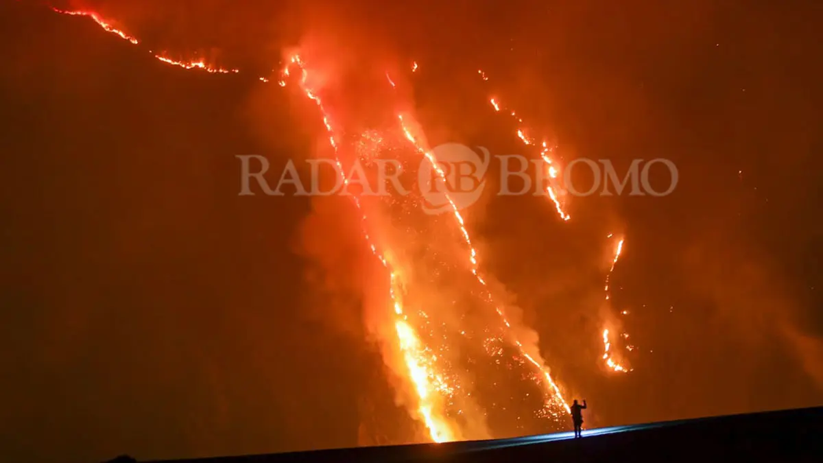 MEMBARA: Kobaran api di kawasan Bromo saat dipotret Minggu dinihari. (Mokhamad Zubaidillah/ Radar Bromo)