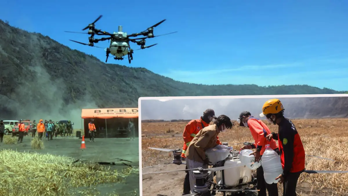 Penggunaan drone sprayer untuk memadamkan api di titik yang sulit dijangkau kawasan Bromo. Inset, sejumlah petugas BPBD mengisi air pada drone sprayer sebelum diterbangkan untuk memadamkan api, Minggu (9/8). (Mokhamad Zubaidillah/ Radar Bromo)