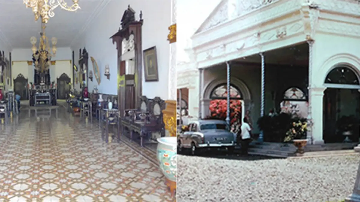 RAWAT MEMORI: Potret transformasi interior Rumah Singa. Gambar kiri menunjukkan kemegahan ruang dalam pada tahun 2014, sementara gambar kanan memperlihatkan sudut tampak samping bangunan pada era 1970-an. (Budiman for Radar Bromo)