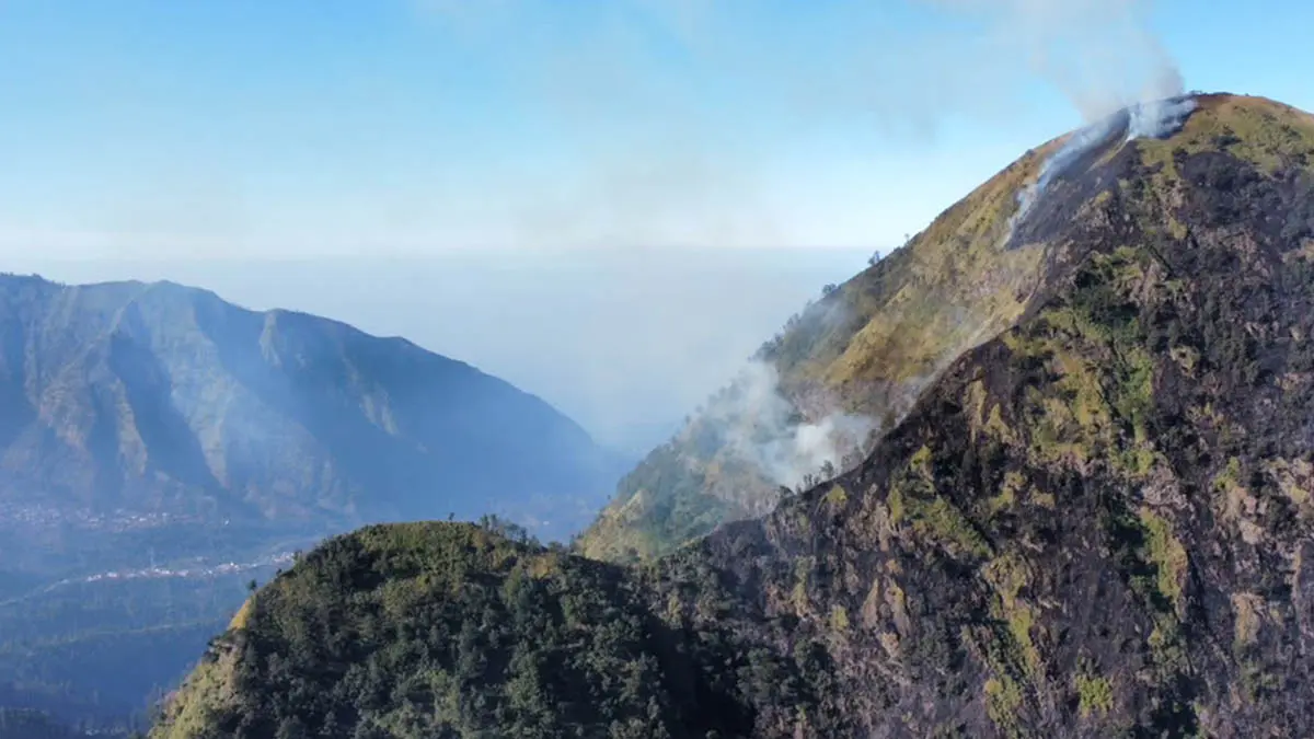 GERSANG: Kawasan P-30 di Sumber yang terdampak kebakaran Bromo dipotret dari atas. Sampai kini, penyebab kebakaran masih ditelusuri. (Foto: Fahreza Nuraga/Jawa Pos Radar Bromo)