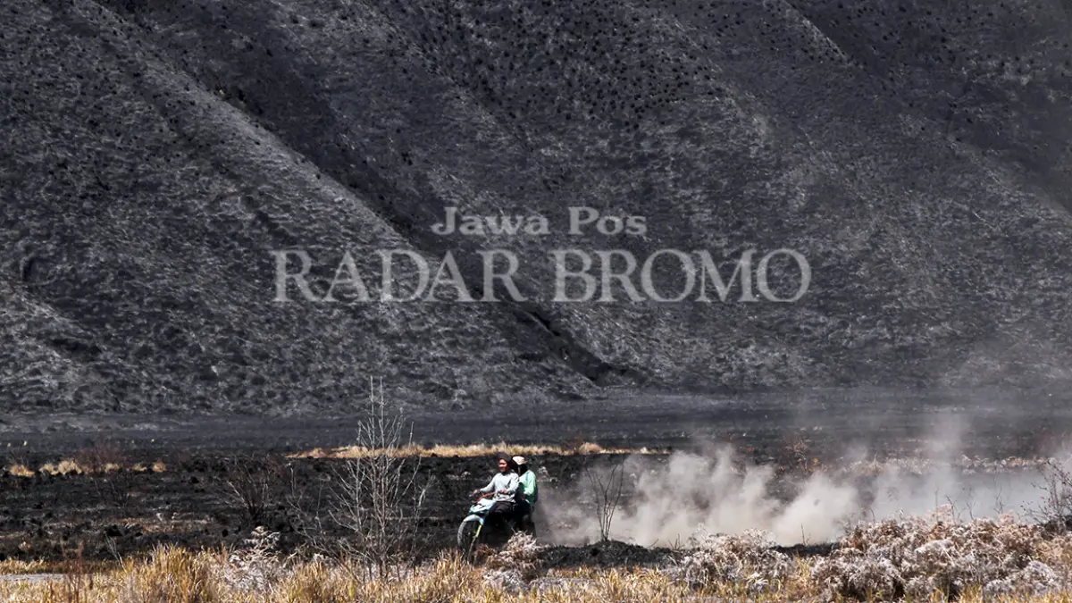 HANGUS: Pengendara motor melintas di kawasan sabana Bromo dengan latar belakang bukit yang hangus terbakar, Senin (10/8). (Mokhamad Zubaidillah/ Radar Bromo)