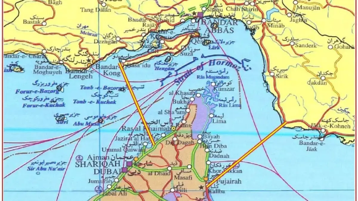 Peta Selat Hormuz yang diterbitkan oleh Angkatan Laut Korps Garda Revolusi Islam (IRGC) di wilayah yang dikuasai oleh Angkatan Bersenjata Iran, 4 Mei 2026 (Screenshot/X/@IranIntl_En)

