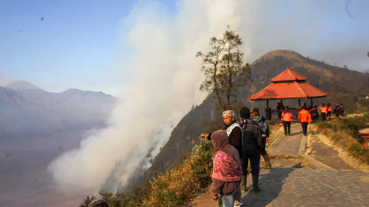 ASAP PEKAT: Kawasan Bromo di Pusung Dhuwur, masuk Desa Wonokitri, Kecamatan Tosari, Kabupaten Pasuruan yang kembali terbakar, Selaa pagi (11/8). (Mokhamad Zubaidillah/ Radar Bromo)
