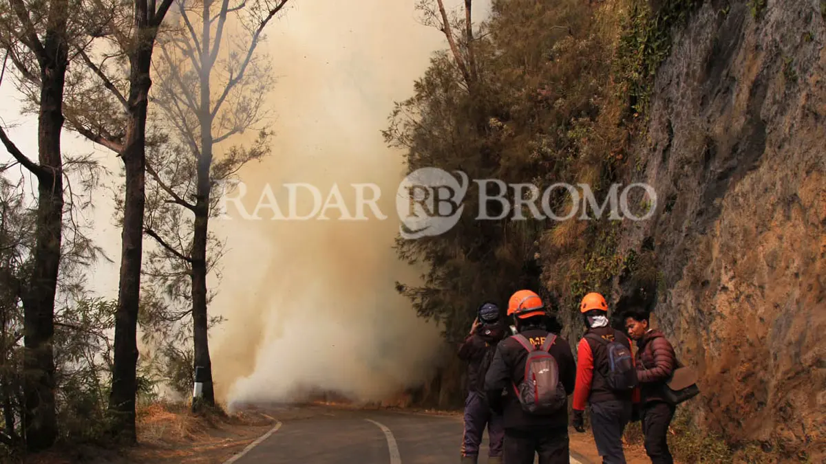KEMBALI MENGGANAS: Kobaran api Bromo melintasi jalur utama wisata di Pusung Dhuwur, Wonokitri, Tosari, Kabupaten Pasuruan, Selasa jelang siang (11/8). (Mokhamad Zubaidillah/ Radar Bromo)