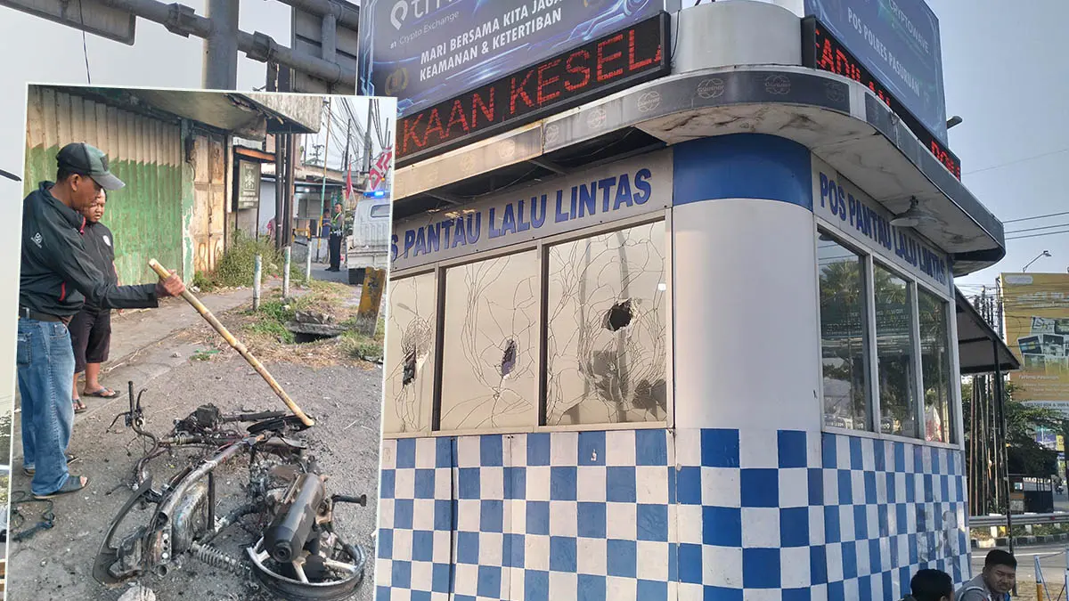 KENA DAMPAK: Poslantas Taman Dayu di Desa Karangjati, Kecamatan Pandaan yang mengalami kerusakan, menjadi sasaran amuk massa. Salah satu motor yang dibakar. (Foto: Rizal F Syatori/Jawa Pos Radar Bromo)