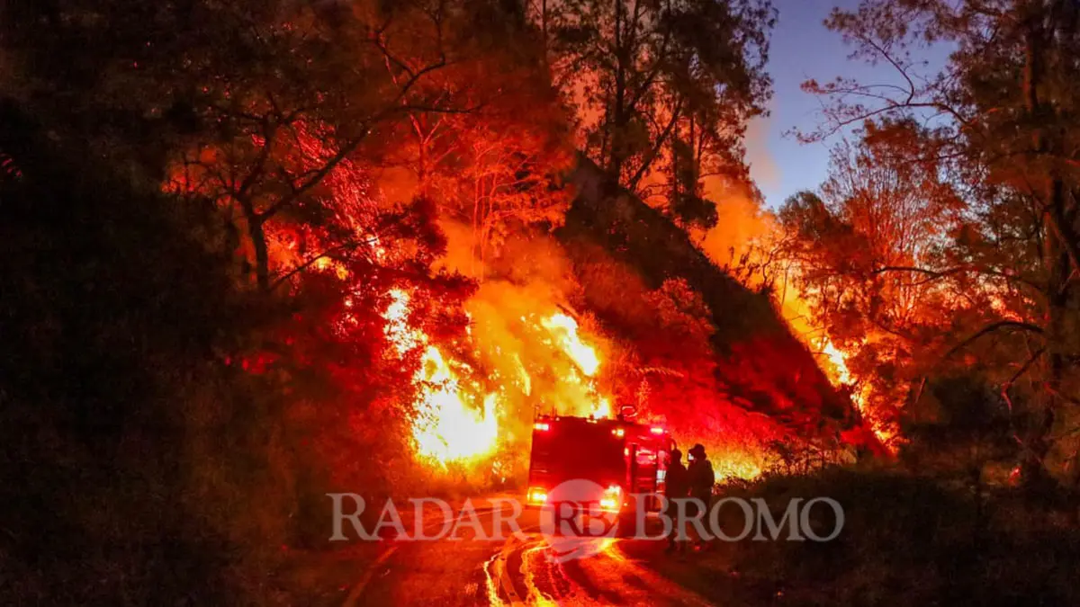 MASIH MEMBARA: Truk damkar dikerahkan untuk melakukan penyekatan api di kawasan Desa Wonokitri, Kecamatan Tosari, Kabupaten Pasuruan, Rabu petang (12/8). (Mokhamad Zubaidillah/ Radar Bromo)