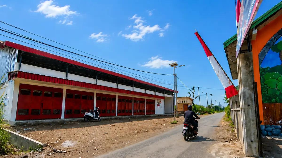 STRATEGIS : Bangunan KDMP Desa Tanjung Rejo berada di timur kantor desa setempat dan persis berada di depan SDN Tanjung Rejo 1.&nbsp; Foto Jamaludin/Jawa Pos Radar Bromo)