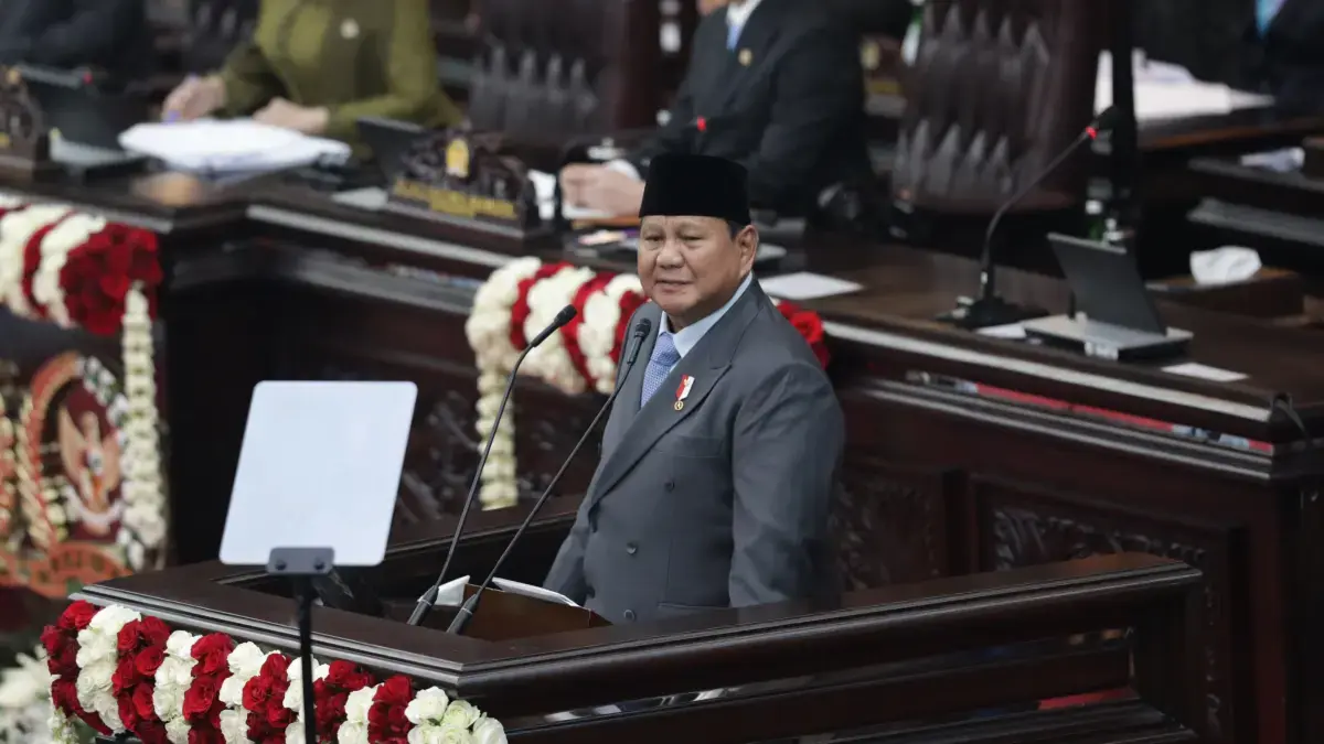 Pidato Presiden Prabowo Subianto dalam Sidang Tahunan MPR RI serta Sidang Bersama DPR RI dan DPD RI Tahun 2026 di Kompleks Parlemen, Jakarta, Jumat (14/8/2026). (Salman Toyibi/ Jawa Pos)