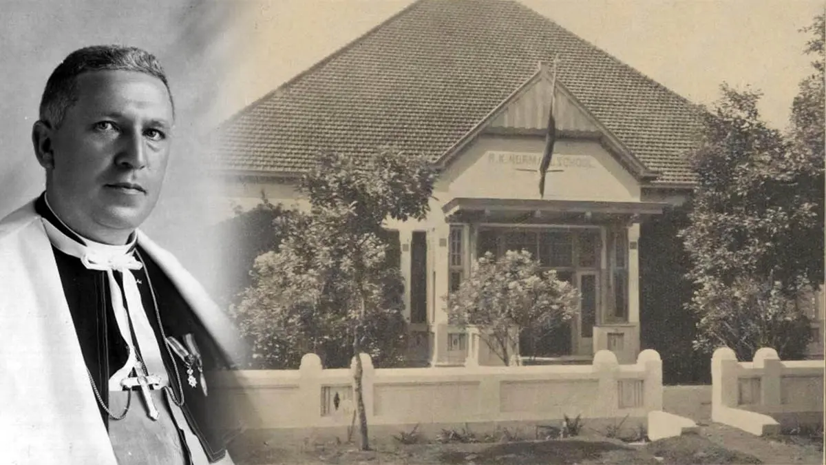 SEJARAH: R. K. Normaalschool di Jalan Bromo Malang yang pindah ke Clemens Tehuis di Probolinggo tahun 1931. Sumber foto: Majalah Carmelrozen, 1931. Inset, Mgr. Clemens van der Pas, Prefek Apostolik Malang pertama. (13 Juni 1885-16 Desember 1933). (Achmad Budiman for Radar Bromo)