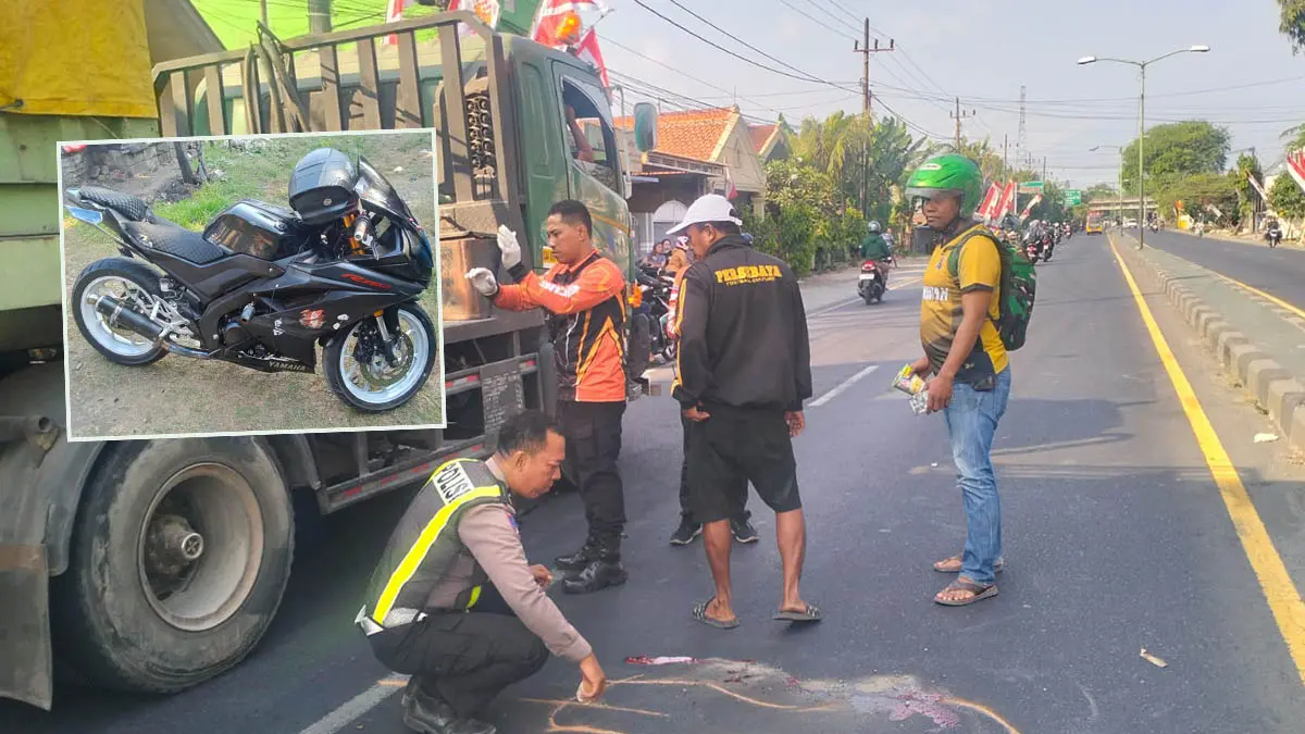 TANDAI LOKASI: Petugas melakukan olah TKP, laka lantas motor tabrak pemulung nyebrang di Gempol. Inset, Motor yang menabrak korban. (Foto: Polsek Gempol for Jawa Pos Radar Bromo)