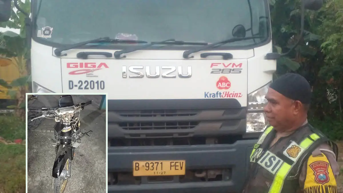 Truk boks  yang terlibat laka lantas maut di Desa Ngerong, Kecamatan Gempol. Inset, Motor Honda Grand Max, kendaraan  yang dikendarai korban.from Unit Lantas Polsek Gempol (Foto: Unit Lantas Polsek Gempol for Jawa Pos Radar Bromo)
