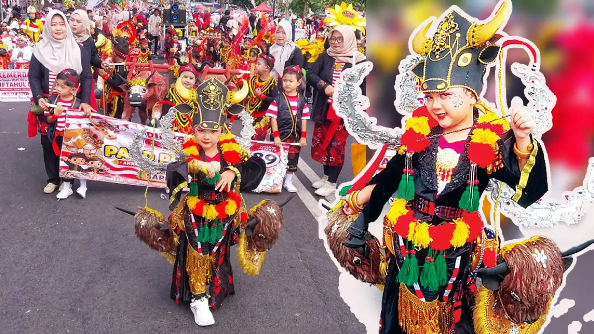 BIKIN GEMES: Adriana Wayuari Y, siswi berbakat PAUD Pusporini. Aksi Adriana saat menjadi Maskot Sapi Brujul bersama Kontingen PAUD Pusporini dalam Pawai Budaya PAUD (TK/RA/BA) HUT Kemerdekaan RI di Kota Probolinggo, Sabtu (22/8). (Evelyn Ridhayanti/ Radar Bromo)