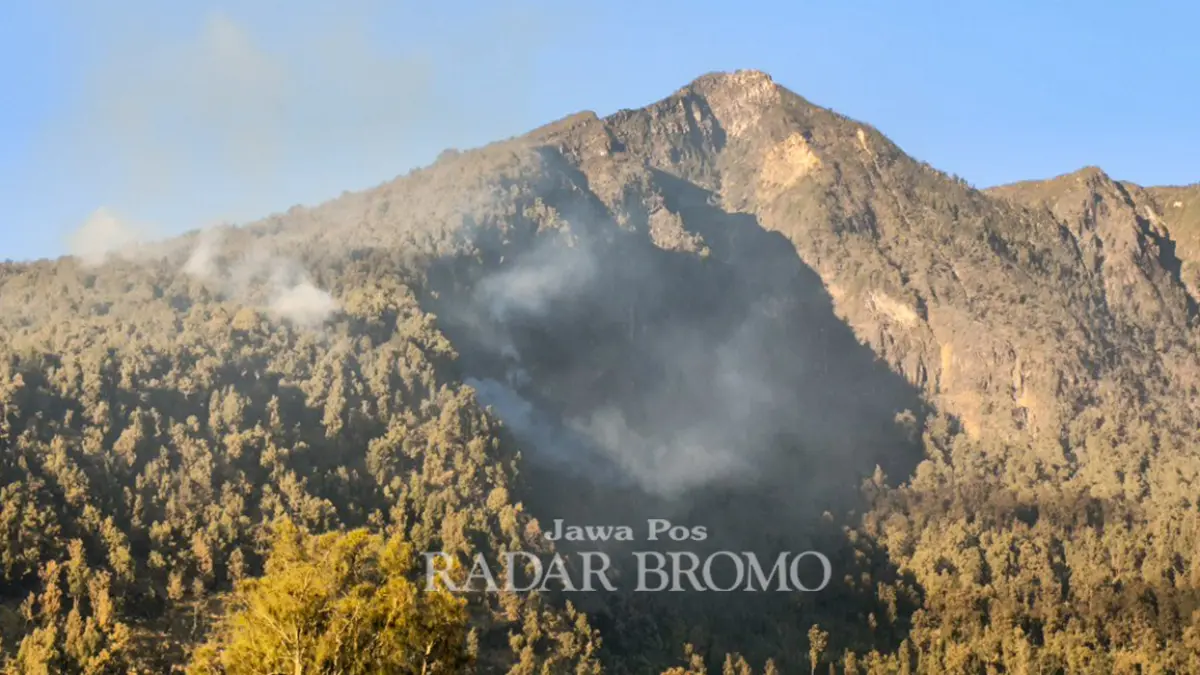 ASAP MASIH MENGEPUL: Kawasan lereng Arjuno yang masih dikepung api, Rabu (26/8). (Mokhamad Zubaidillah/ Radar Bromo)