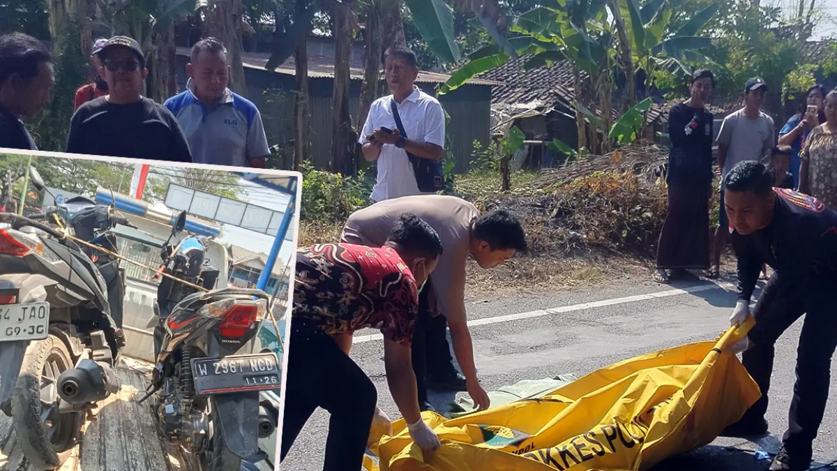 EVAKUASI: Petugas medis bersama kepolisian saat berusaha mengevakuasi jenazah Khoiria Putria Ramadhani, 20, ke dalam mobil ambulans di jalan kabupaten Desa Karangrejo, Kecamatan Gempol. Inset dua motor Vario yang tabrakan saat diamankan petugas. 