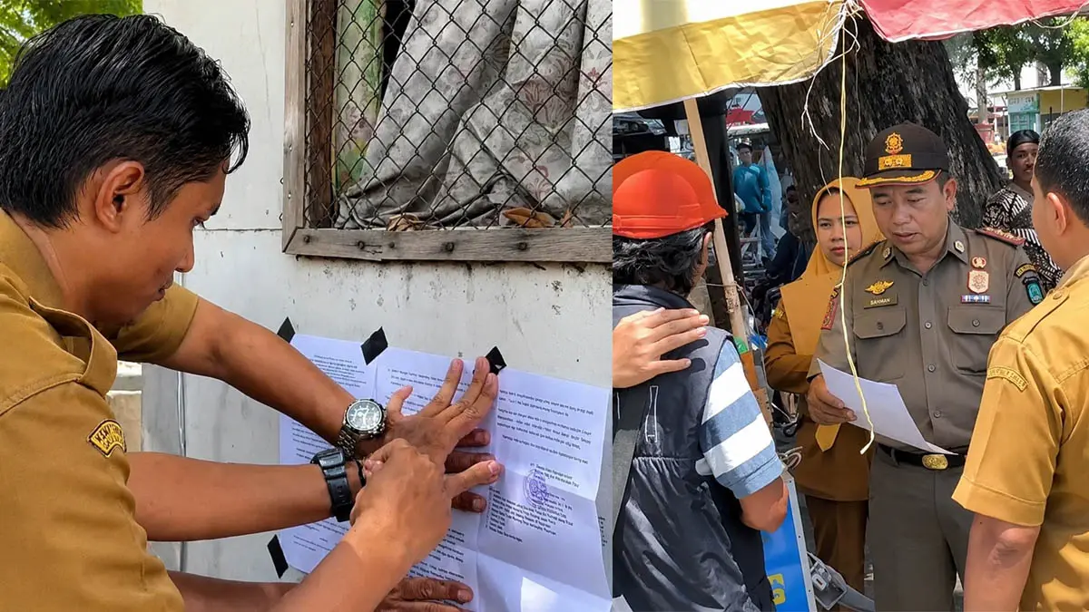 DISURATI: Surat peringatan yang ditempelkan petugas di lapak pedagang. Hal ini dilakukan, ketika pedagang tidak ada di tempatnya. (Satpol PP for Radar Bromo)