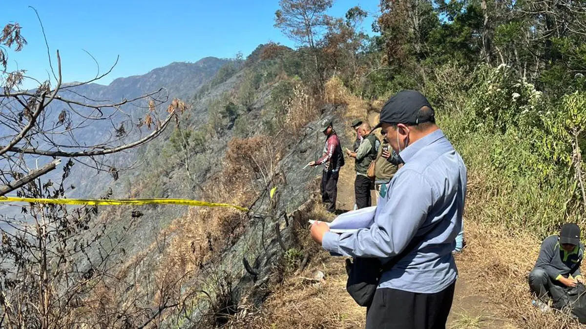 TELITI: Saksi ahli dari IPB, personel TNBTS, dan Ditjen Gakkum Kehutanan mengambil sampel di lautan pasir Gunung Bromo di Kecamatan Sukapura, Kabupaten Probolinggo, Sabtu (29/8). (Kementerian Kehutanan for Radar Bromo)