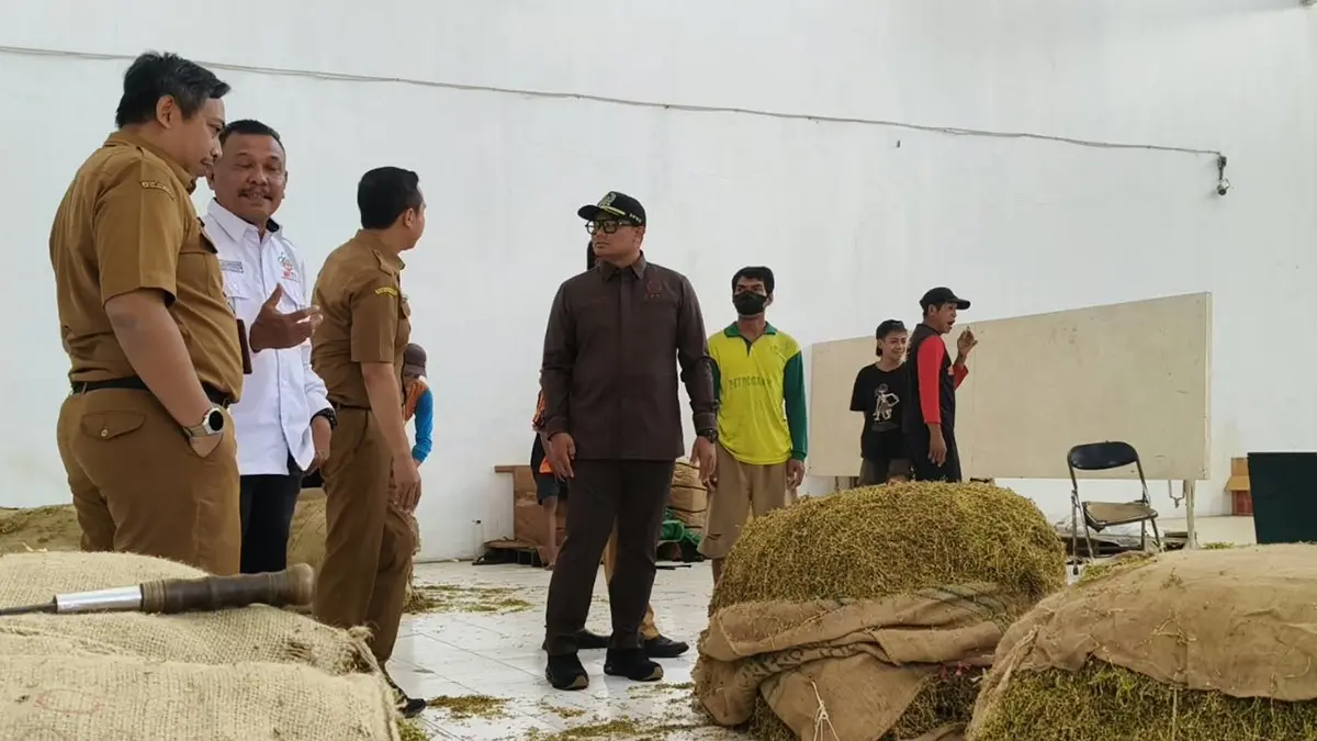 CEK LANGSUNG: Ketua HKTI Kabupaten Probolinggo Agus Salehuddin (kemeja putih) mengikuti pengecekan gudang tembakau di wilayah Kraksaan, beberapa waktu lalu. (AGUS FAIZ MUSLEH/JAWA POS RADAR BROMO)