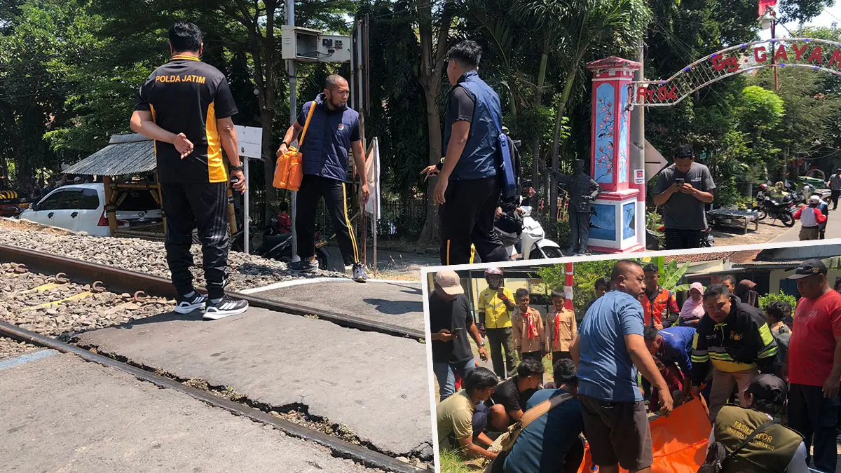 TKP: Petugas melakukan olah TKP di lokasi tabrakan KA dan saat mengevakuasi jenazah Yusuf, 42, warga Kademangan yang tertabrak kereta di perlintasan tanpa palang pintu di Gang Gayam, Kelurahan Pilang, Kademangan, Jumat (4/9) siang. 