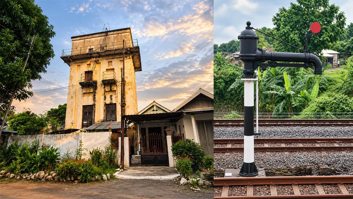 BERSEJARAH: Bangunan menara air kuno (water toren) yang masih tegap berdiri di area sekitar Stasiun Sukorejo (foto kiri). Dan fasilitas corong pengisian air lokomotif (water crane) setinggi dua kali orang dewasa yang berada di pinggir peron stasiun. (Muhamad Busthomi/Radar Bromo)