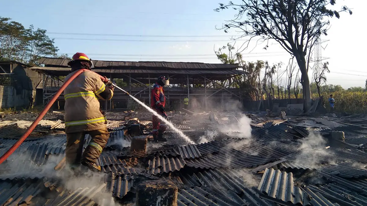SEMPROT: Petugas Damkar Kabupaten Probolinggo saat melakukan pemadaman kandang yang terbakar di Probolinggo. 