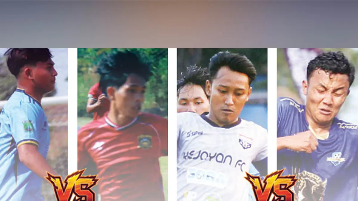 Pemain Purwosari FC Shandi Syarief dan Pemain Lekok M Ghozali. Purwosari FC membutuhkan tambahan tiga poin untuk mendongkrak posisi. Pemain Kejayan FC Abdillah Akbar dan pemain Puspo FC M Alfiano. Keduanya bakal bertemu di laga Grup D di Lapangan Plumbon, Pandaan. (Foto: dok Jawa Pos Radar Bromo)