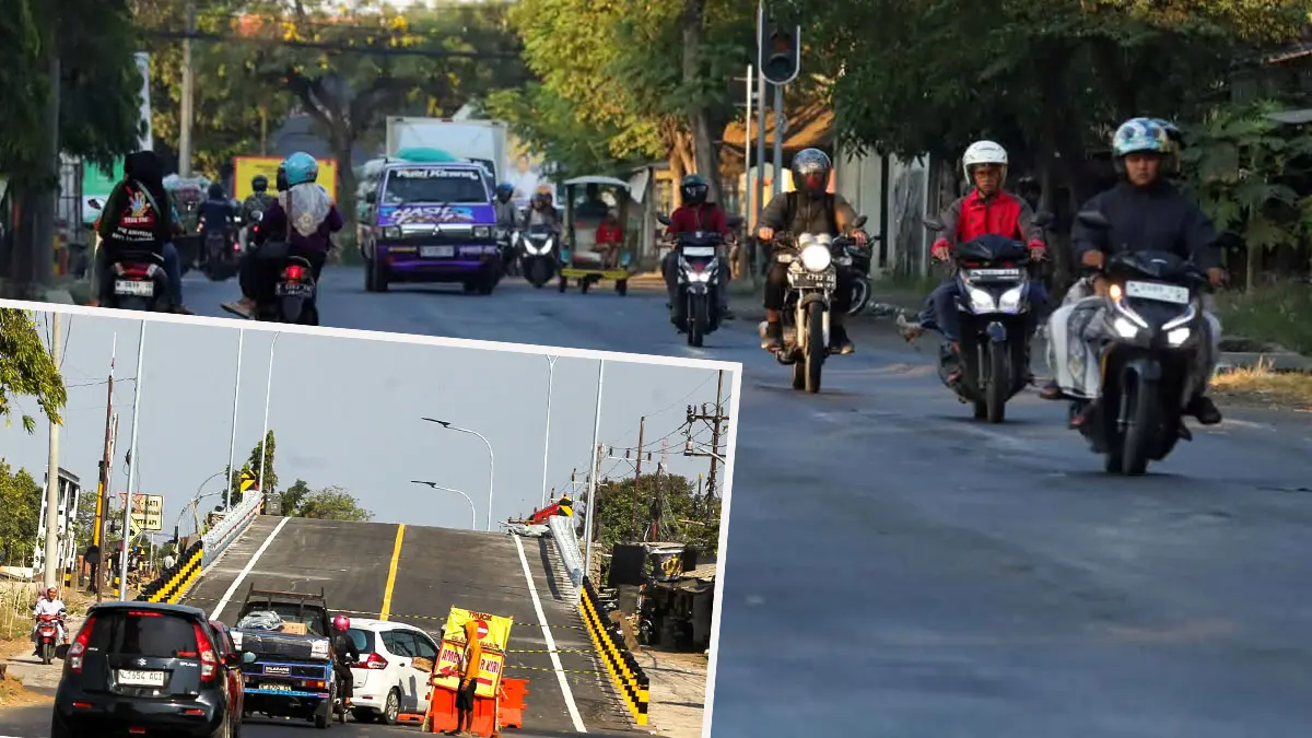 TERIMBAS: Ruas JLS yang volumenya meningkat selama jembatan Book Wedi ditinggikan. Inset, jembatan Book Wedi Pasuruan yang pembangunannya sudah rampung dan bakal dibuka kembali 10 September. (Mokhamad Zubaidillah/ Radar Bromo)