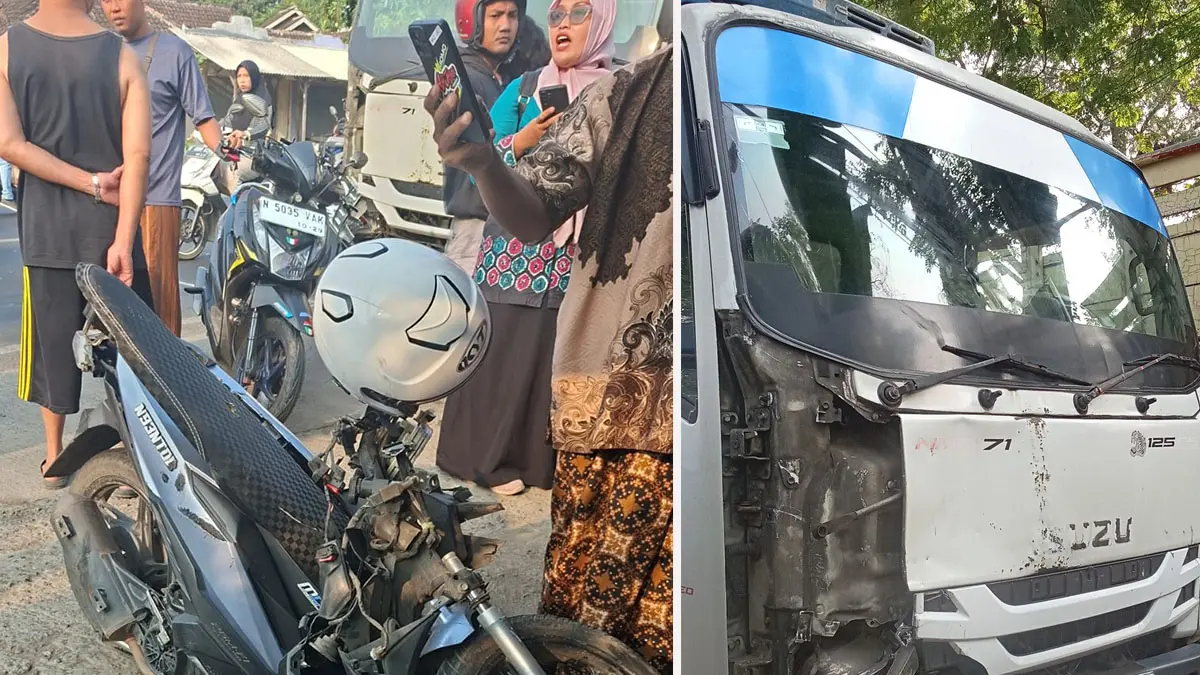 RINGSEK: Kondisi motor dan truk yang terlibat tabrakan di Pacarkeling, Kejayan, Rabu pagi (9/9).