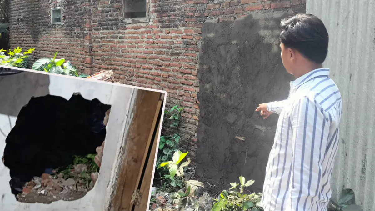 JEJAK PENCURI: Korban menunjukkan tembok rumahnya yang dijebol, kini telah ditambal. Inset kondisi tembok saat dijebol pencuri.
