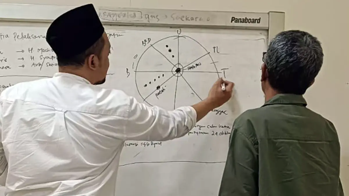 Pengasuh Pondok Pesantren Salafiyah Seblak, Diwek, Jombang, Gus Bahar saat menyampaikan perkiraan titik lokasi 5 jurnalis yang hilang berdasarkan perhitungannya.