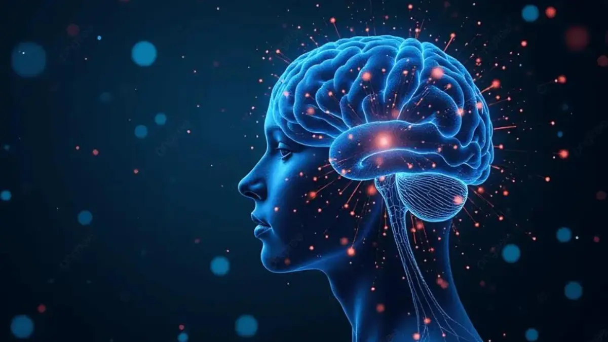 Ilustrasi otak manusia dengan cahaya yang merepresentasikan aktivitas neuron, menggambarkan proses kerja memori dan indra. (Dok. pngtree)