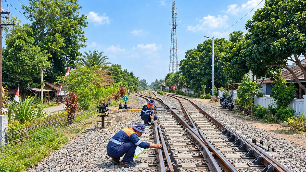 CEK LANGSUNG: Sejumlah personel dari PT KAI Daop 9 Jember memeriksa rel KA. (ARIF MASHUDI/JAWA POS RADAR BROMO)