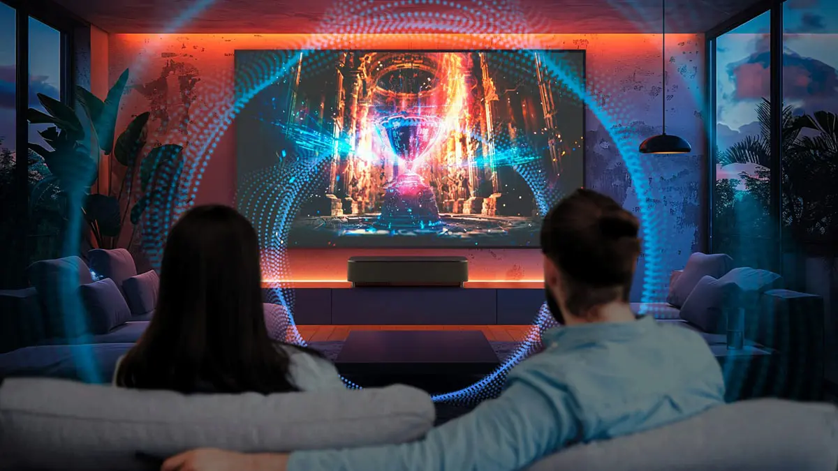 Proyeksi ultra-short throw, teknologi AI untuk mengoptimalkan kualitas gambar, dan Sound by Bose dalam desain all-in-one yang ringkas.