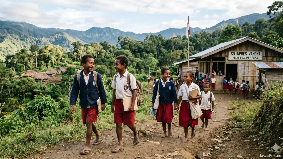 ILUSTRASI: Anak-anak Papua menuju ke sekolah untuk belajar. (Generate AI/Gemini)
