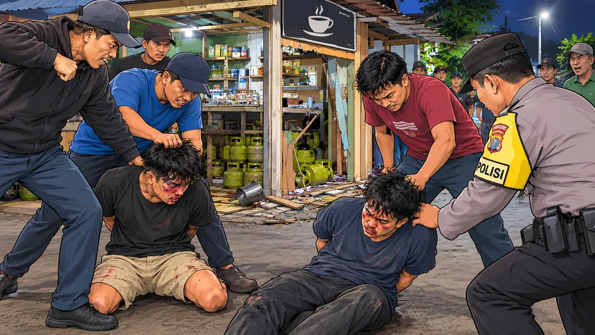 BABAK BELUR: Dua terduga pelaku pencurian yang sempat dihajar massa. Mereka kini diamankan polisi. (Istimewa)