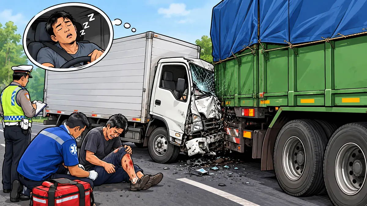 Kantuk Menyerang, Truk Boks dan Truk Gandeng Terlibat Kecelakaan di Nguling Pasuruan