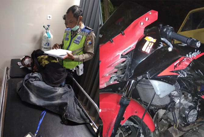 TAK SADARKAN DIRI: Sarmin berbaring di tempat tidur di IGD Puskesmas Pandaan, usai kecelakaan di Bypass pandaan, Jumat (17/8). Motor Kawasaki Ninja yang dikendarai korban. (Rizal F Syatori/Jawa Pos radar Bromo)