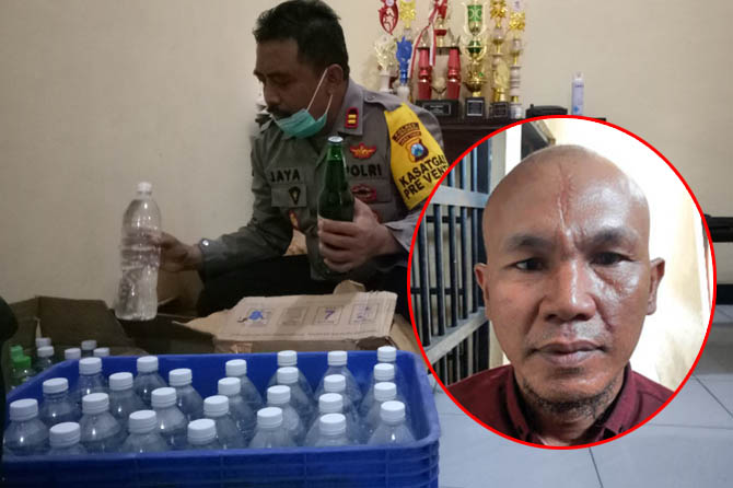 HASIL RAZIA: Kasat Sabhara Polres Probolinggo Iptu Ahmad Jayadi menunjukkan puluhan botol miras, hasil razia Jumat (6/11). Inset, Ahmad Basir, pelaku pembacokan di Kalibuntu akibat miras, dan sudah diamankan polisi. (Foto Mukhamad Rosyidi/Jawa Pos Radar B
