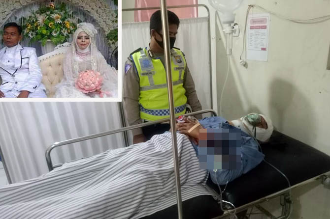 NAHAS: Korban Irvan Joko Utomo saat dirawat di Puskesmas Tosari. Inset foto resepsi pasutri yang baru menikah 3 hari. (Unit Lantas Kejayan for Jawa Pos Radar Bromo)