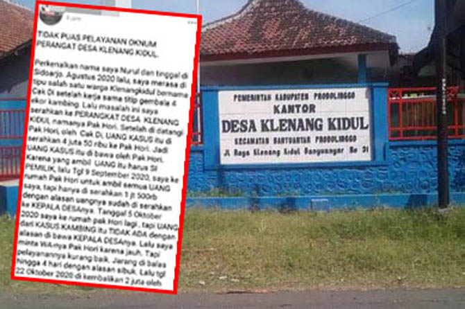 DIKELUHKAN: Balai Desa Klenang Kidul. Inset, keluhan yang disampaikan warga. (foto: Istimewa)
