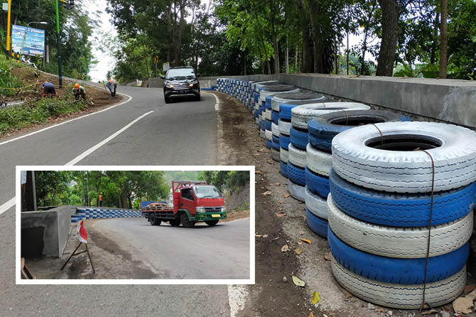 DIGANTI: Pengaman tepi jalan atau guardrail di Jurang Ampel, Kecamatan Prigen, Kabupaten Pasuruan, kini diganti tembok dan tambahan ban sebagai pengaman. Selama ini Jurang Ampel dikenal sebagai jalur tengkorak. (Foto: Rizal F. Syatori/Jawa Pos Radar Bromo