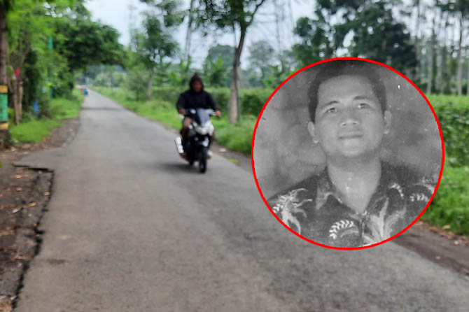 TKP: Jalan Kersikan, lokasi Siti Kholifah dibegal. Inset, almarhum Mujahidin yang meninggal dunia usai menolong Siti Kholifah, tetangganya yang dibegal. Dia tewas usai dipukul begal dan terjatuh ke selokan. (Foto: Dok. Radar Bromo)
