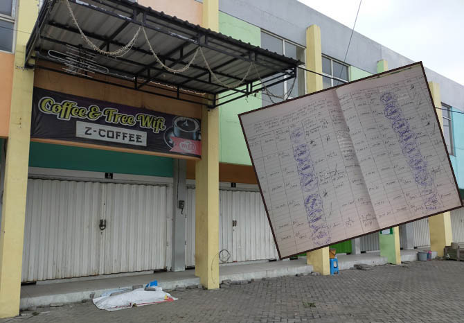 BELUM BUKA: Ruko di kawasan Meiko Pandaan Square, Dusun Klangkung, Desa Nogosari, Kecamatan Pandaan yang digunakan cafe nampak masih tutup. Inset, catatan di buku yang tersebar di sosial media. Dalam catatan itu tercantum sejumlah nama dari berbagai insta