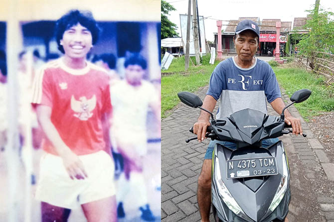 BERUBAH: Abdul Hamid saat masih memperkuat Timnas pada 1986. Abdul Hamid kini dengan motor kesayangannya tengah menunggu penumpang. (Iwan Andrik/Radar Bromo)