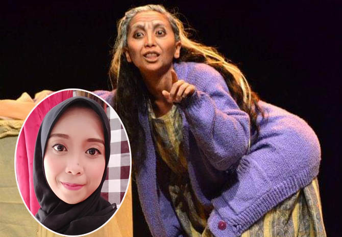 TOTAL: Martina Ari Saraswati, saat pementasan monolog Perirana di Auditorium Teater ISI Jogjakarta. Inset: Martina Ari Saraswati (Foto: Martina Ari Saraswati for Jawa Pos Radar Bromo)