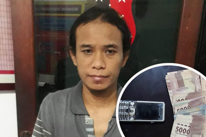 DITAHAN: Fachrudin alias Bonong saat diamankan di Mapolsek Pandaan. Inset: barang bukti yang diamankan dari tangan Fachrudin. (Rizal Syatori/ Radar Bromo)