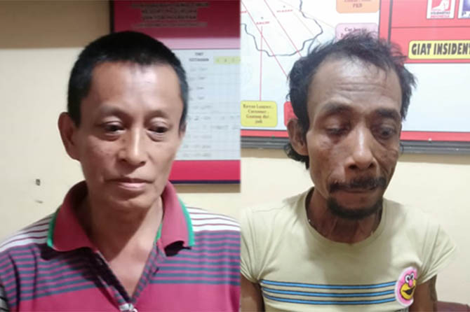 DIAMANKAN: Rohim, 55 dan Narito, 52, sama-sama diamankan Jumat (5/2) di lokasi berbeda. Keduanya diamankan karena terlibat judi togel online. (Foto Polsek Pasrepan for Jawa Pos Radar Bromo)